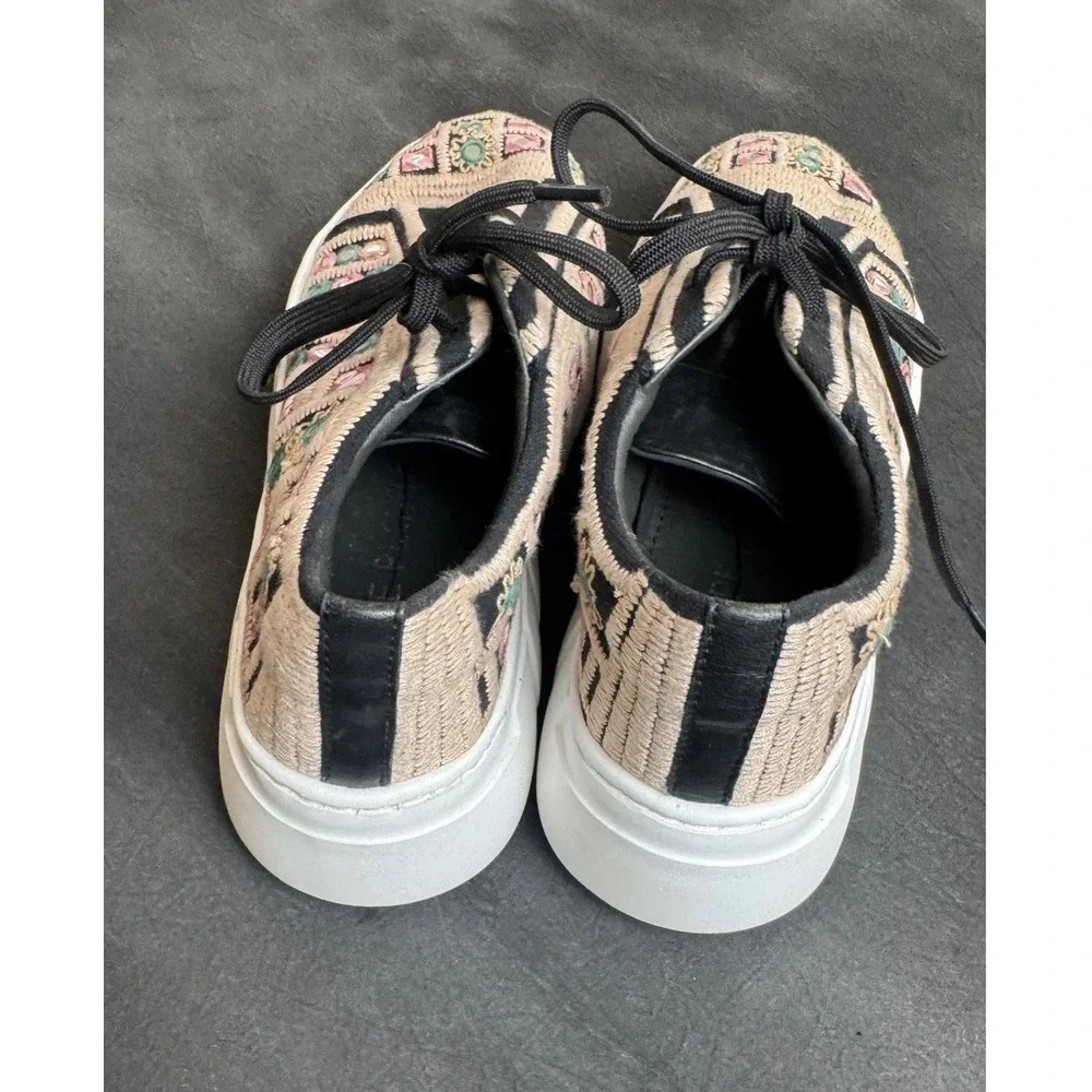 Free People Embroidered Mirror Sneakers Tan Black Multi Boho Platform 38